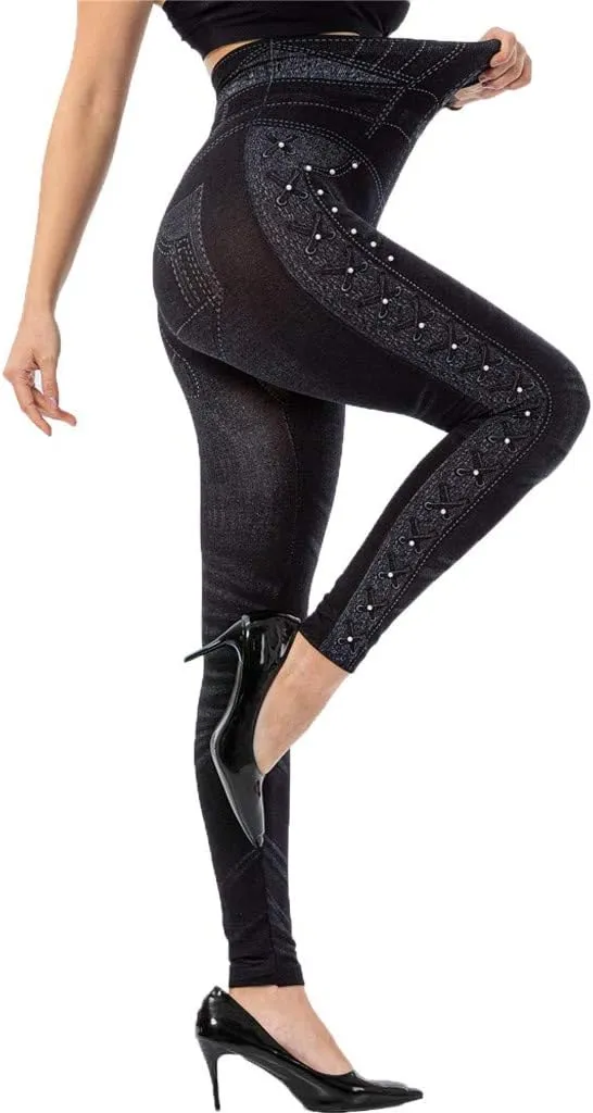 VOWUA Skinny Jean Leggings Women's High Waist Yoga Pants Sexy Lace Tummy Control Workout Denim Printed Jeggings