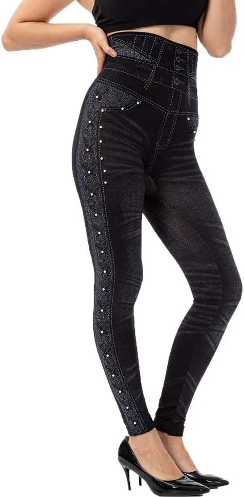VOWUA Skinny Jean Leggings Women's High Waist Yoga Pants Sexy Lace Tummy Control Workout Denim Printed Jeggings
