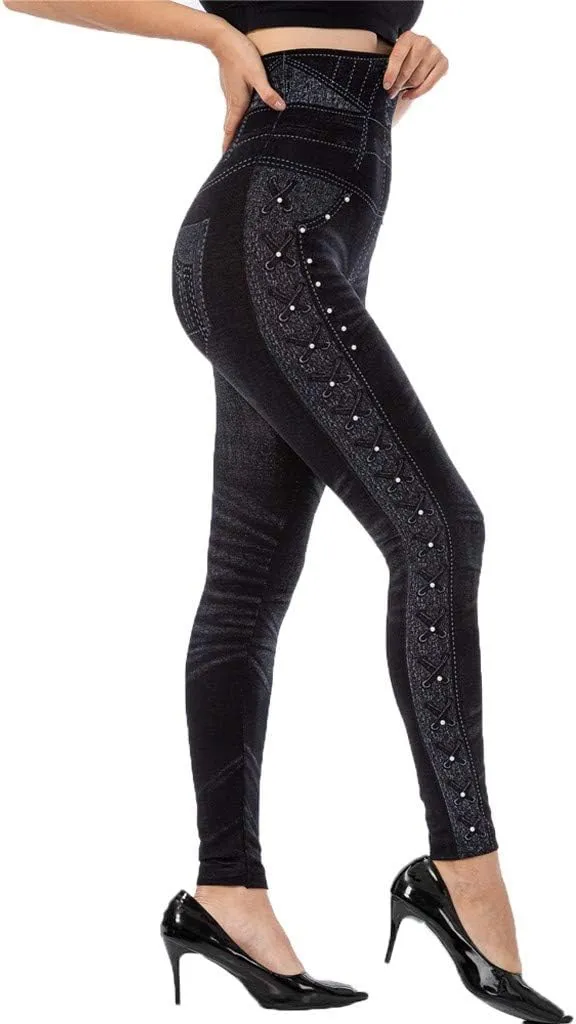 VOWUA Skinny Jean Leggings Women's High Waist Yoga Pants Sexy Lace Tummy Control Workout Denim Printed Jeggings