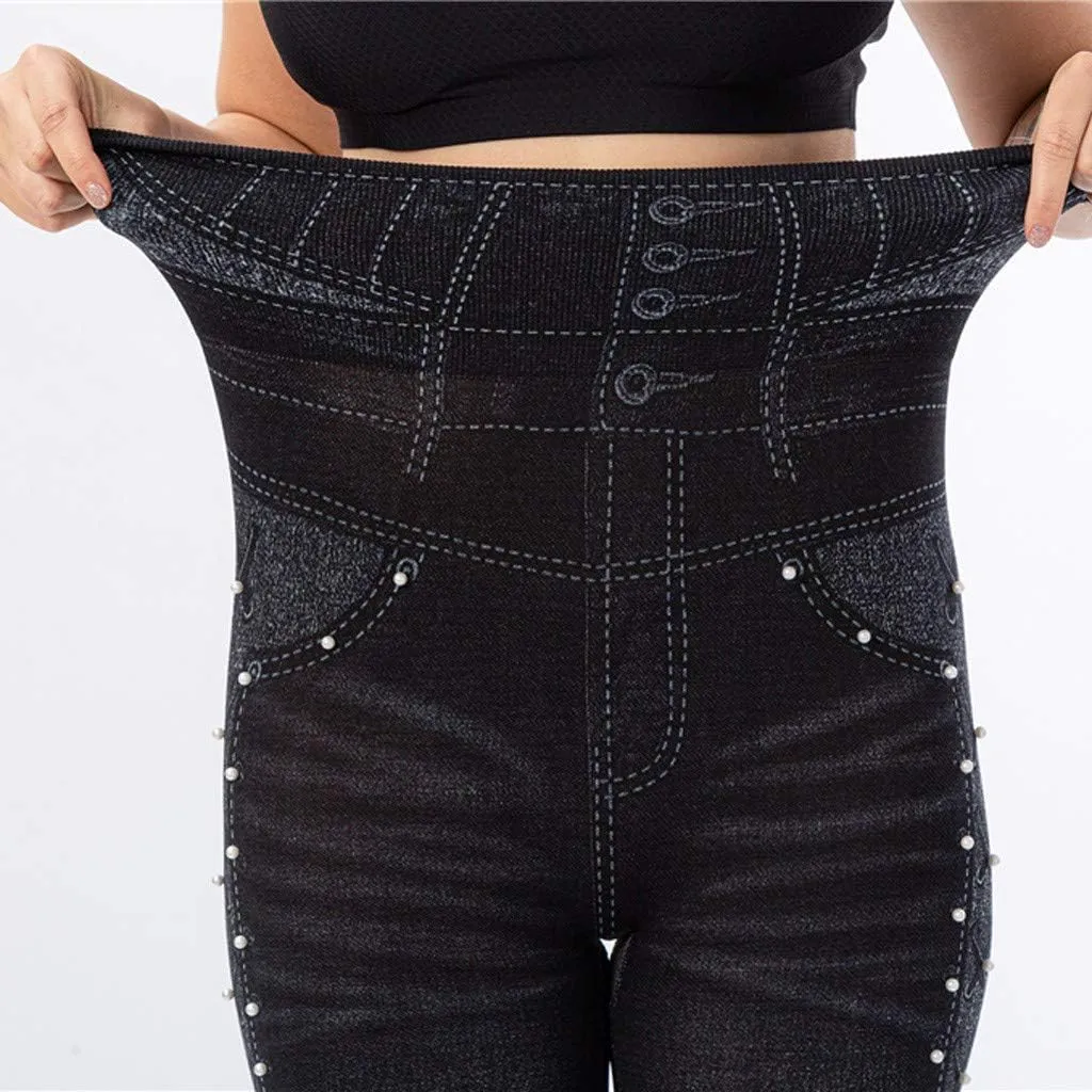 VOWUA Skinny Jean Leggings Women's High Waist Yoga Pants Sexy Lace Tummy Control Workout Denim Printed Jeggings
