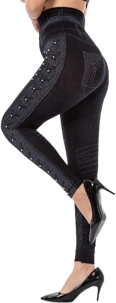 VOWUA Skinny Jean Leggings Women's High Waist Yoga Pants Sexy Lace Tummy Control Workout Denim Printed Jeggings