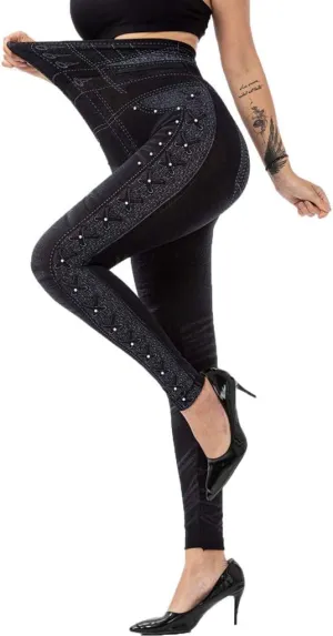 VOWUA Skinny Jean Leggings Women's High Waist Yoga Pants Sexy Lace Tummy Control Workout Denim Printed Jeggings