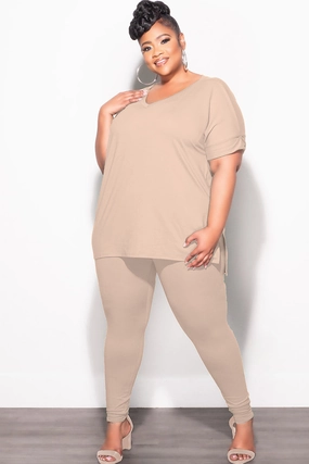 Sport Ready Fit Flexible Activewear Final Sale Plus Size 2pc V-Neck Tunic Top and Matching Legging Set in Light Mocha