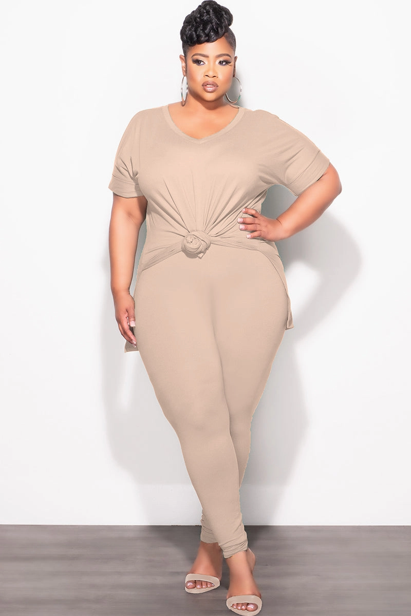 Casual Chic Look Final Sale Plus Size 2pc V-Neck Tunic Top and Matching Legging Set in Light Mocha