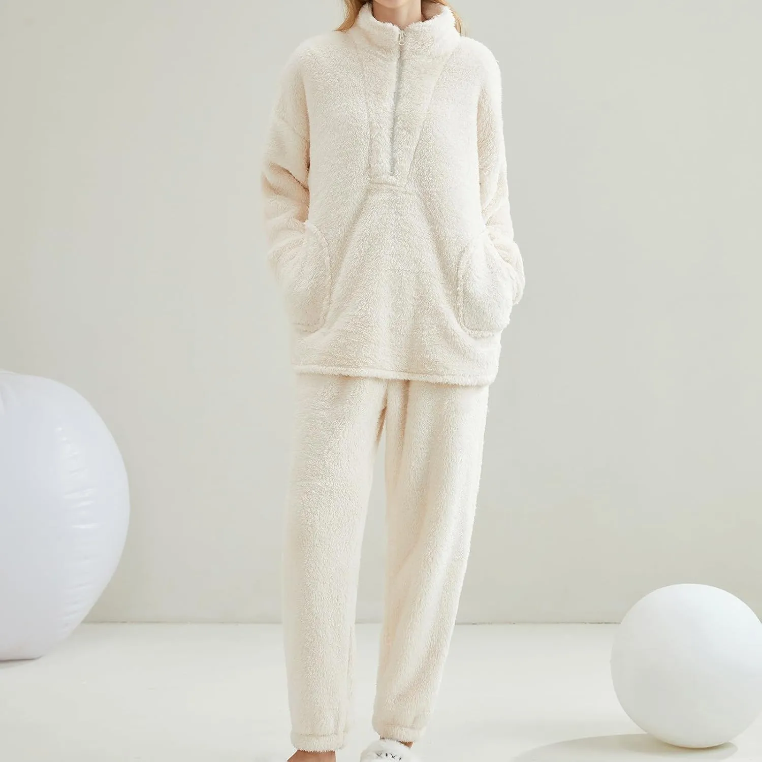 Warm Pajamas for Women Fuzzy Pajama Sets Cozy Fleece Oversized Pullover Pants Sets Half Zip Loungewear 2 Piece Pjs