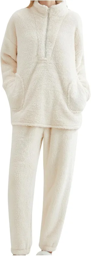 Warm Pajamas for Women Fuzzy Pajama Sets Cozy Fleece Oversized Pullover Pants Sets Half Zip Loungewear 2 Piece Pjs