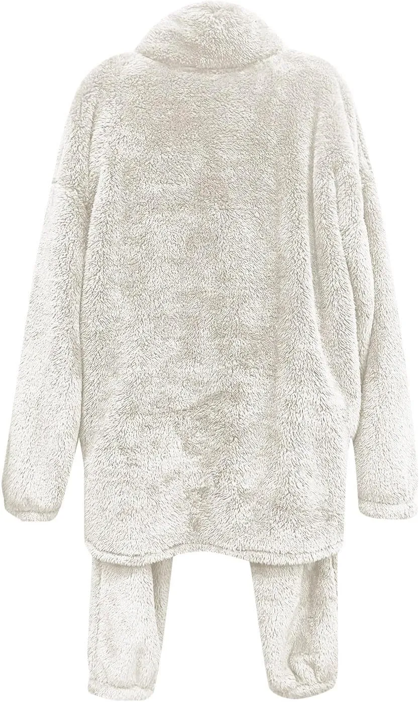 Warm Pajamas for Women Fuzzy Pajama Sets Cozy Fleece Oversized Pullover Pants Sets Half Zip Loungewear 2 Piece Pjs