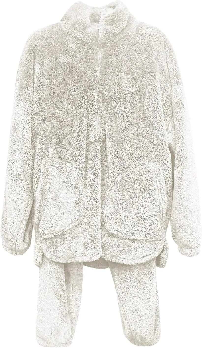 Warm Pajamas for Women Fuzzy Pajama Sets Cozy Fleece Oversized Pullover Pants Sets Half Zip Loungewear 2 Piece Pjs