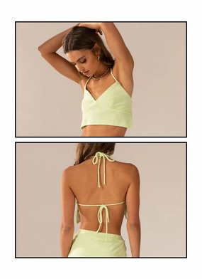 Textured Weave Pattern Warmer Water Terry Halter Crop - Lime Green