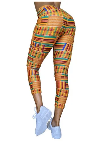 Washoge ESI Kente Print Women's High Waist Leggings w- Pockets