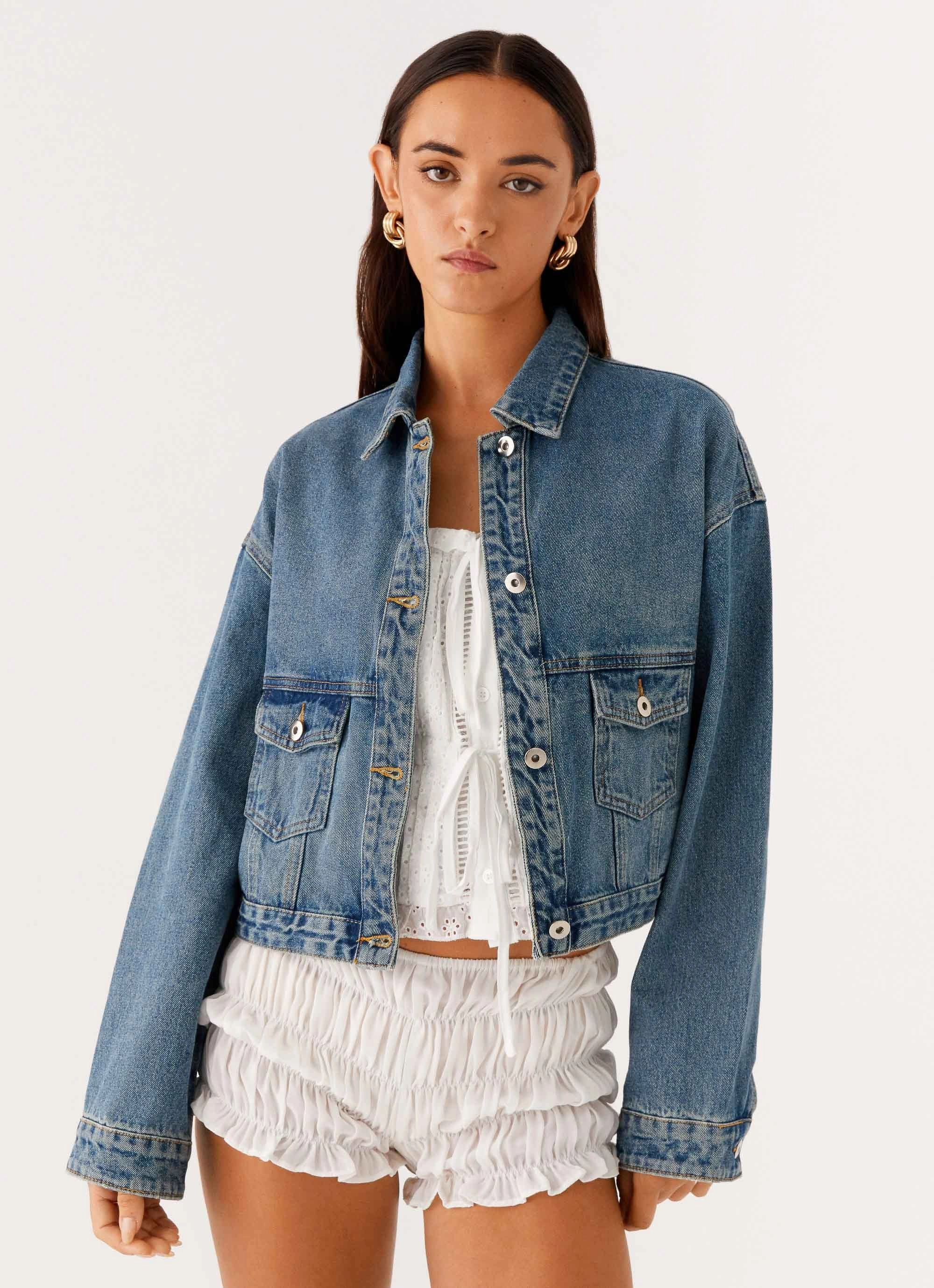 Headphone Hole Kristy Oversized Denim Jacket - Blue