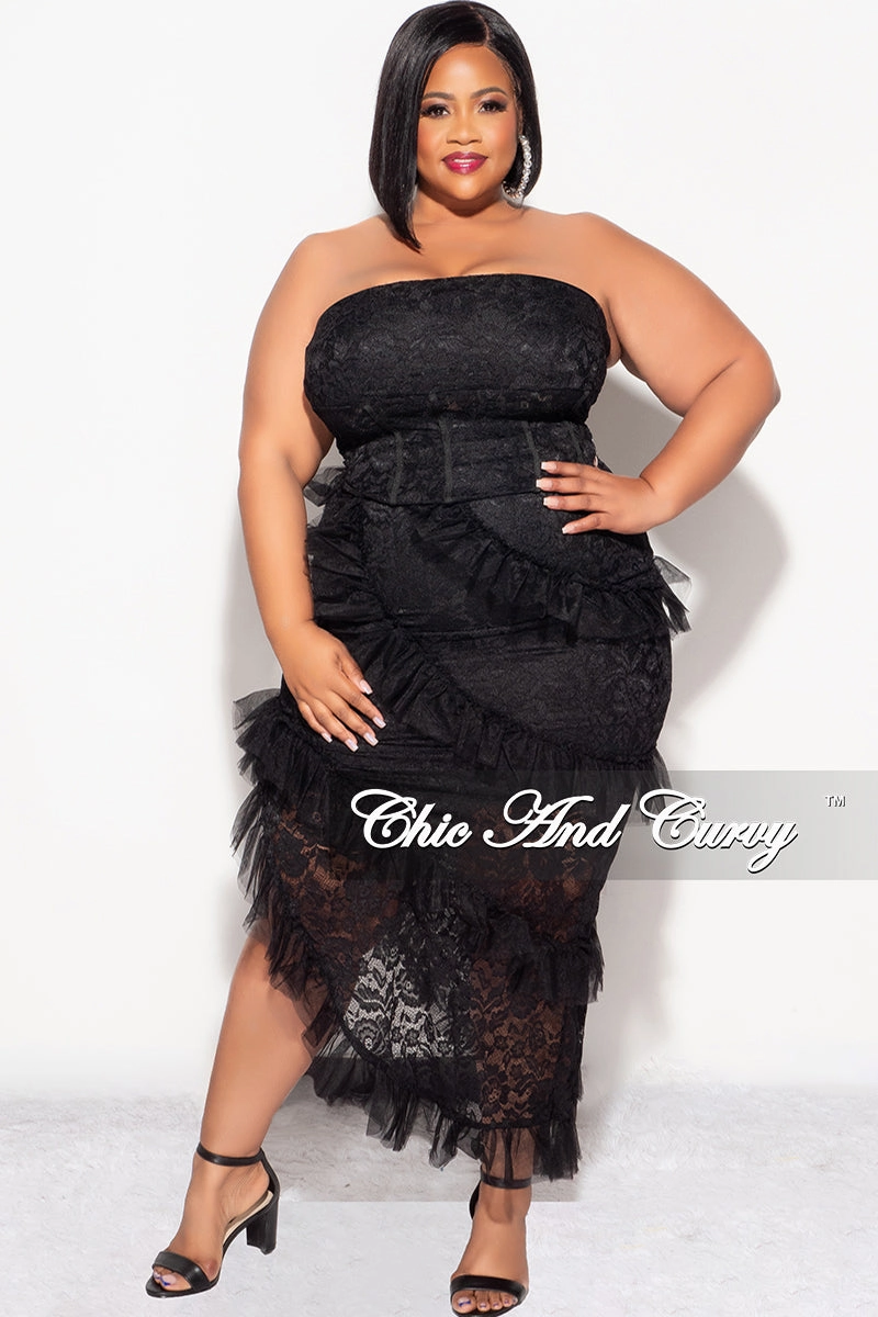 DurableBartack Quick Cool Final Sale Plus 2pc Lace Corset Top & Ruffle Skirt Set in Black