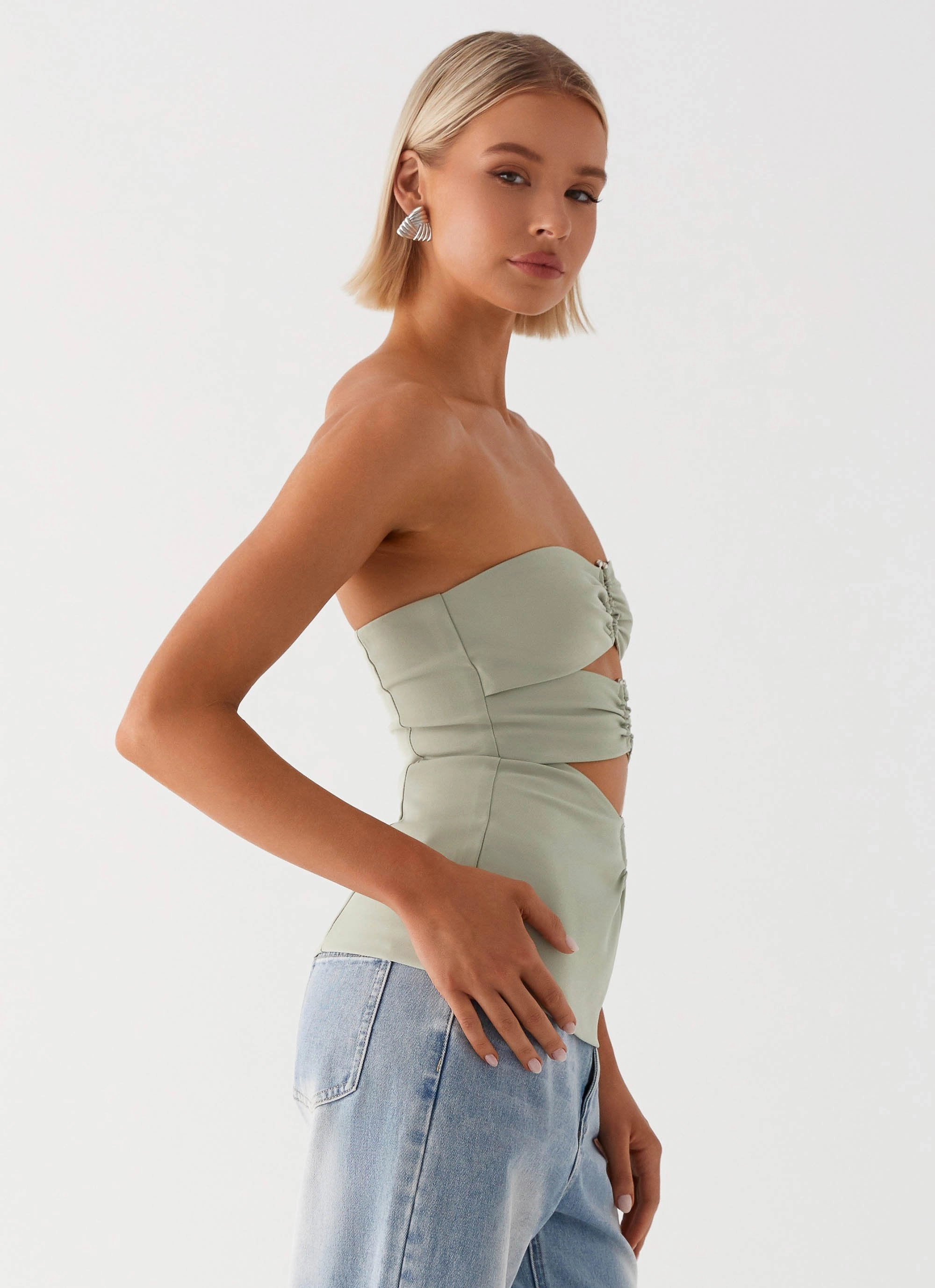 Micha Strapless Top - Khaki High Density Weave SelfFabric Binding