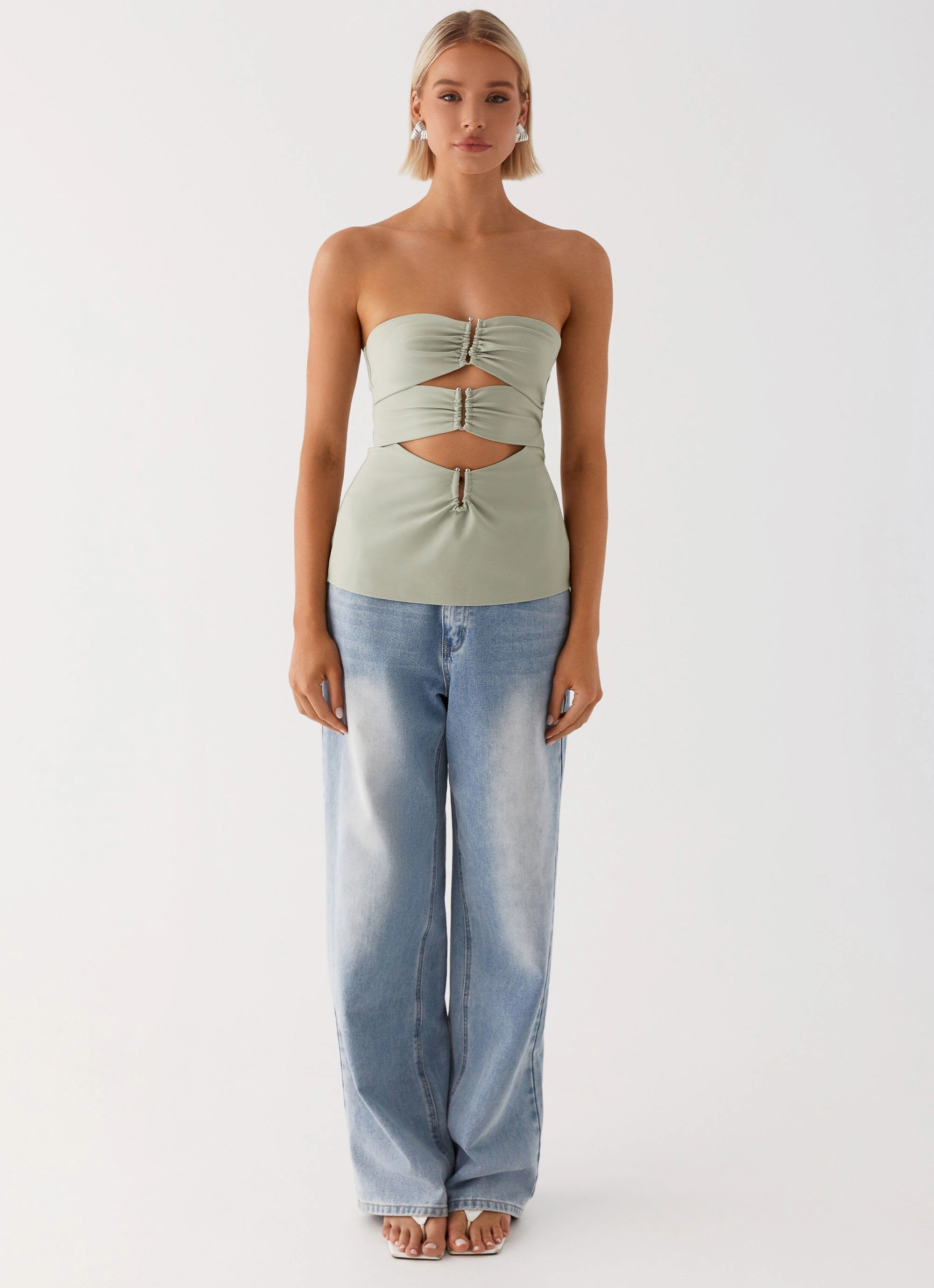 Comfortable Fabric VNeck Style Micha Strapless Top - Khaki