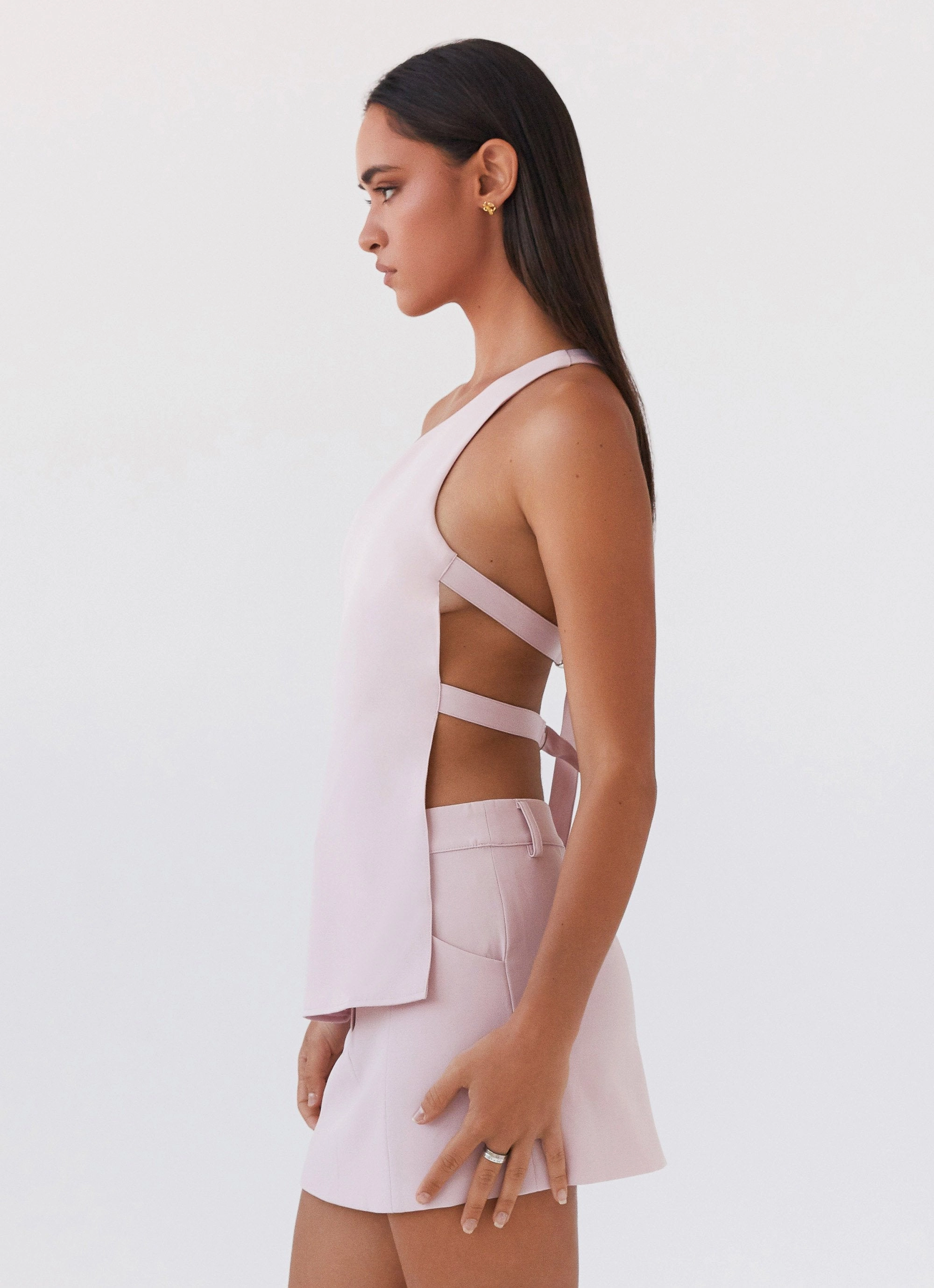 Zeina One Shoulder Top - Pink Reflective Accent Trim