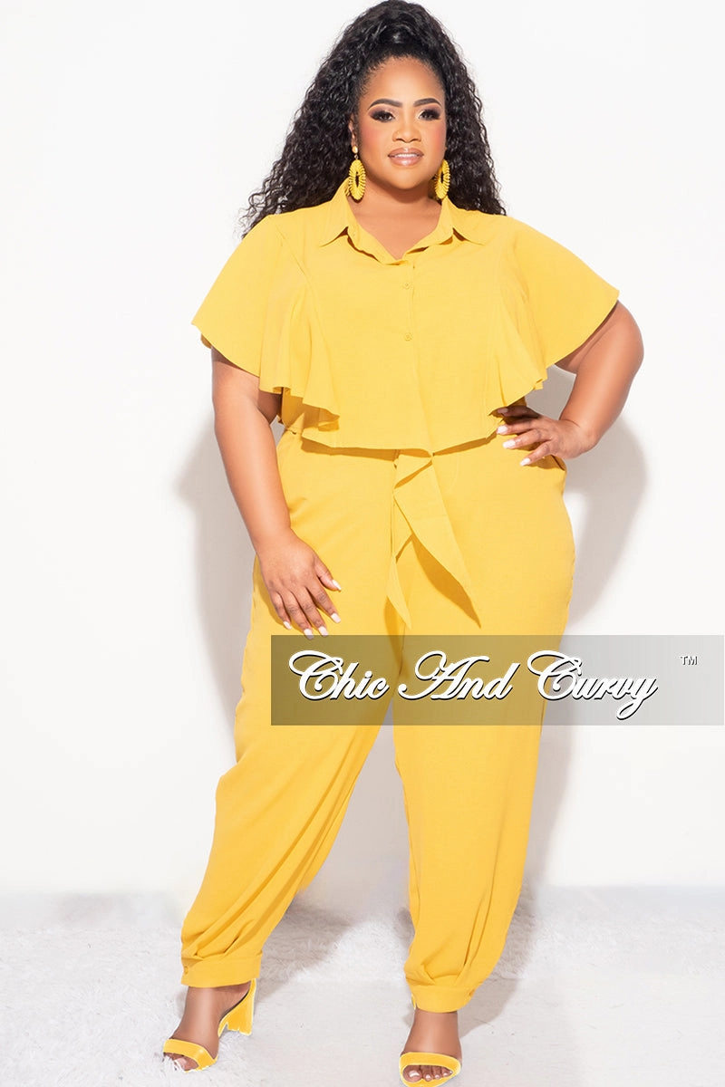Final Sale Plus Size 2pc Button Up Collar Top and Pants Set in Mustard Sport Fit