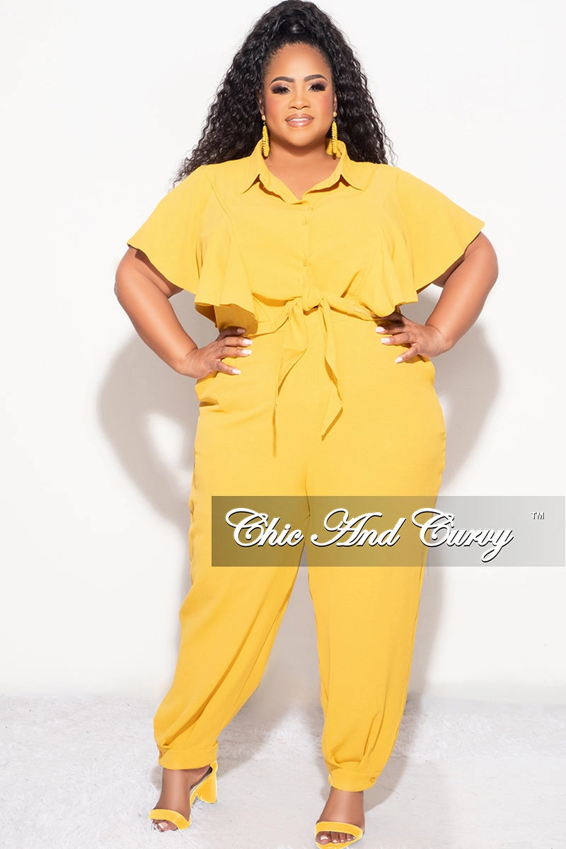 Breathable Wear Fit Final Sale Plus Size 2pc Button Up Collar Top and Pants Set in Mustard