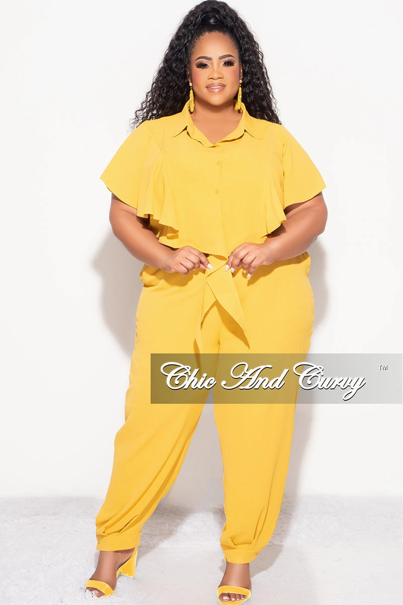 Final Sale Plus Size 2pc Button Up Collar Top and Pants Set in Mustard Recycled Polyester Blend TearResistantPanels