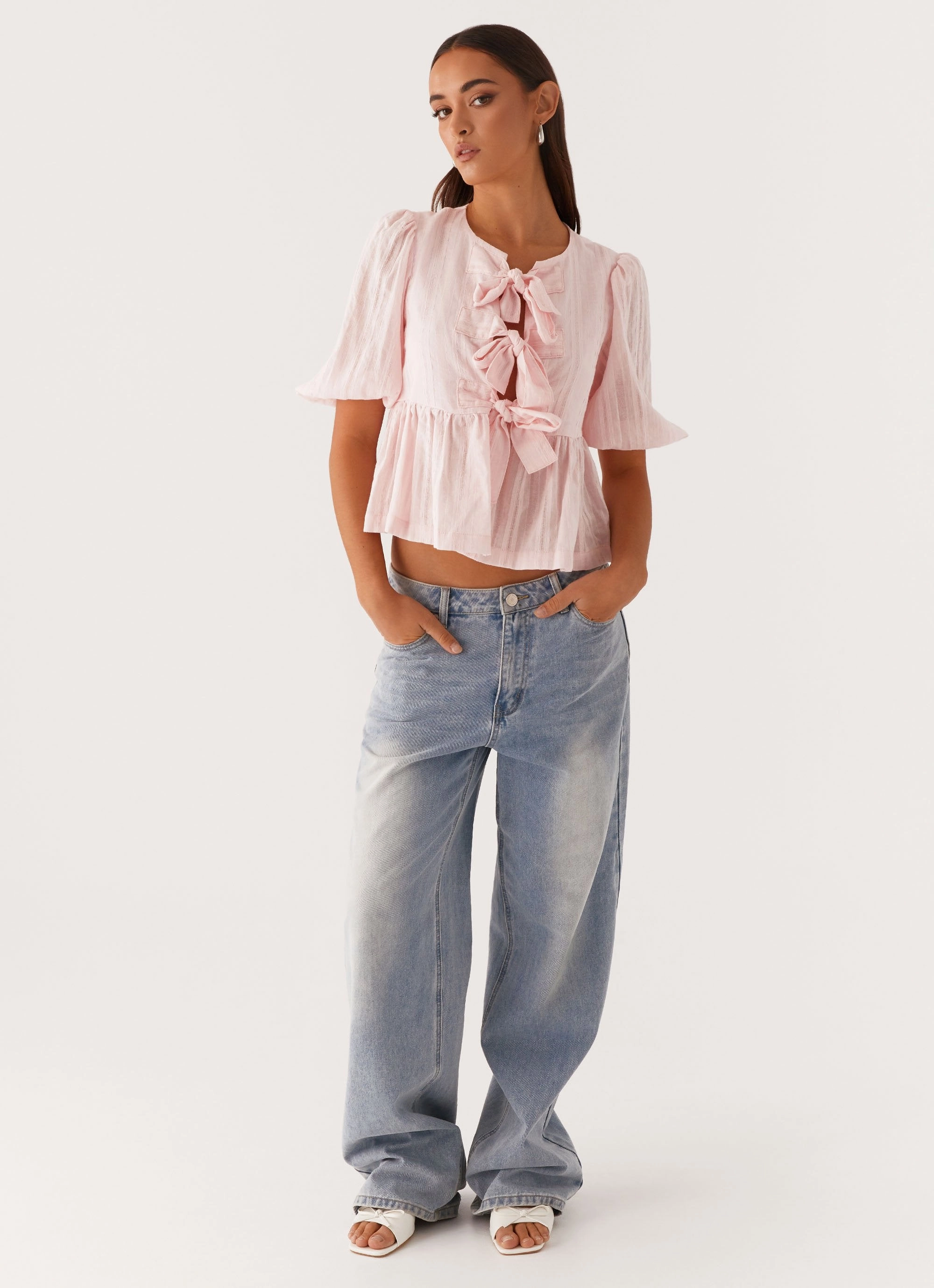 Western Wind Tie Top - Pink Ribbed Collar Style