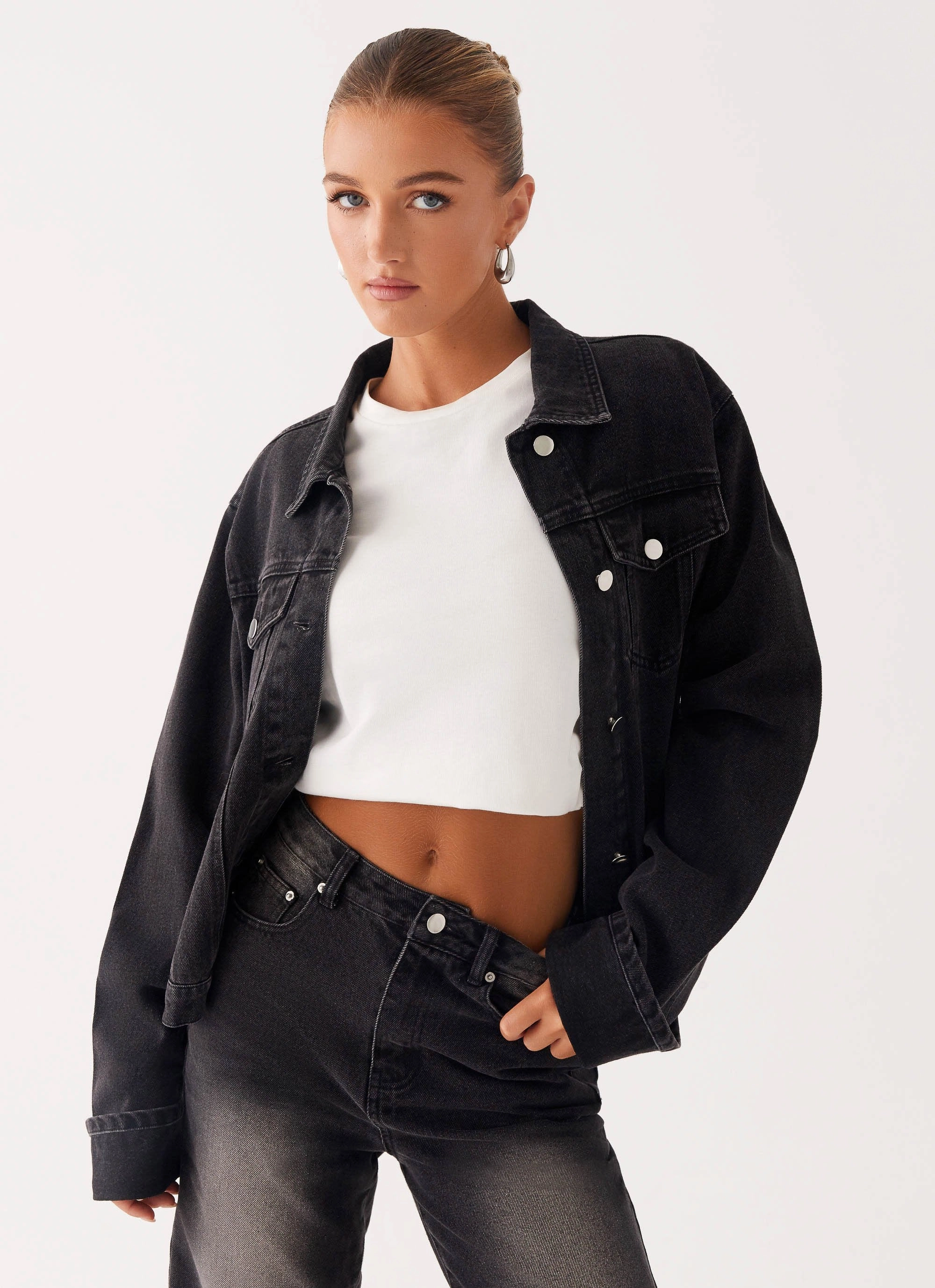 Back Again Oversized Denim Jacket - Charcoal Wash AntiStaticCoating