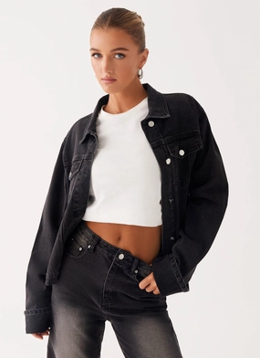 Back Again Oversized Denim Jacket - Charcoal Wash AntiStaticCoating