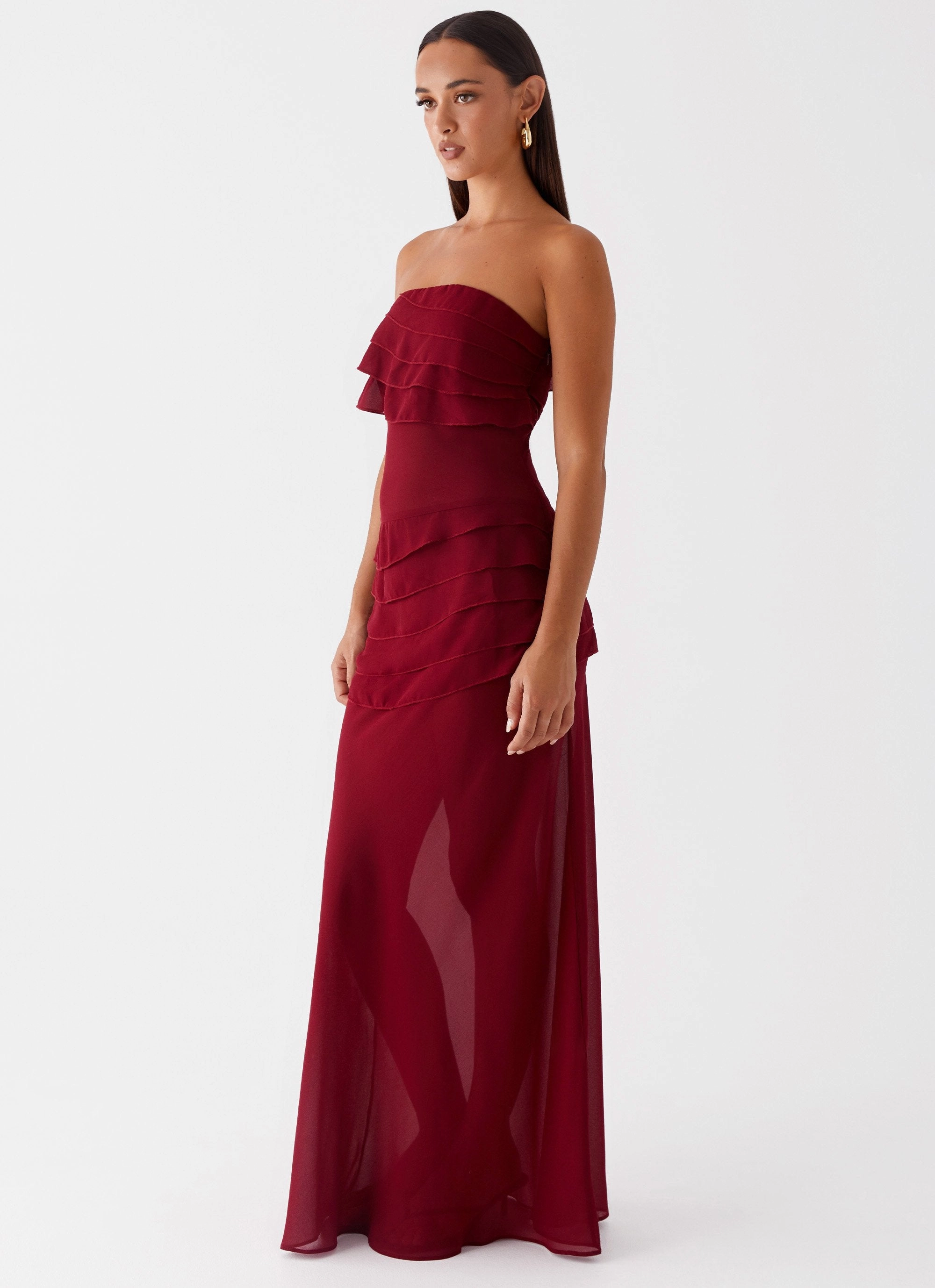 Poised Vibe Into The Night Maxi Dress - Cherry Red