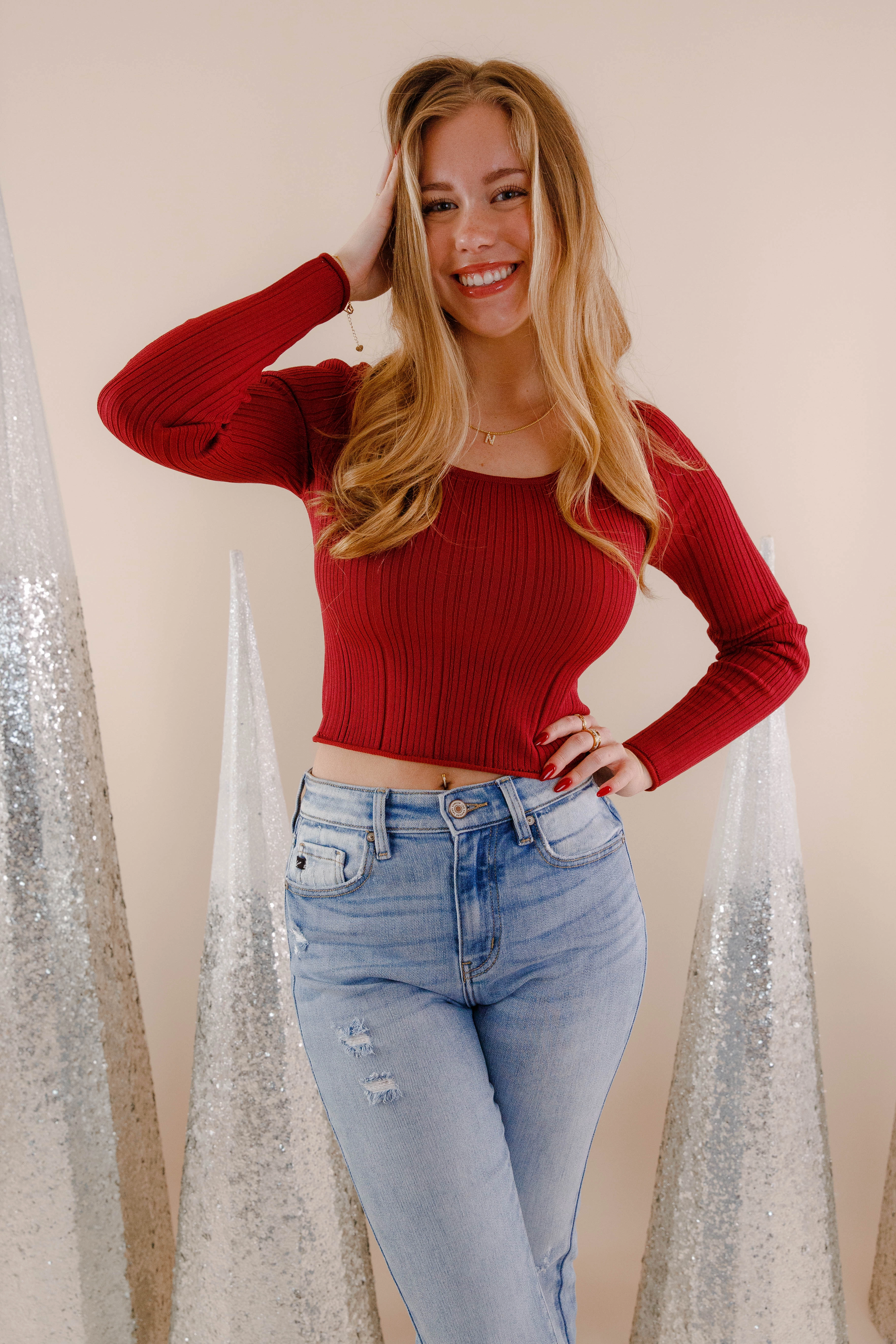 ReflectiveTrim Sweet Sentiments Ribbed Top-Burgundy