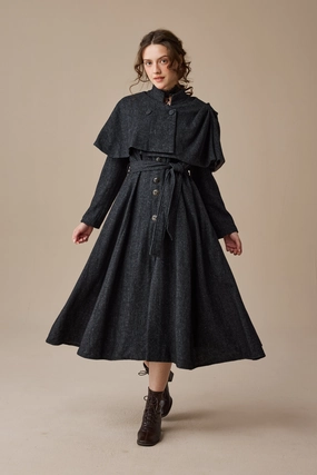 RibbedNeckline Ergonomic Shoulder Cut Wendy 15 | 100% Wool Dress & Cape (2 pieces)