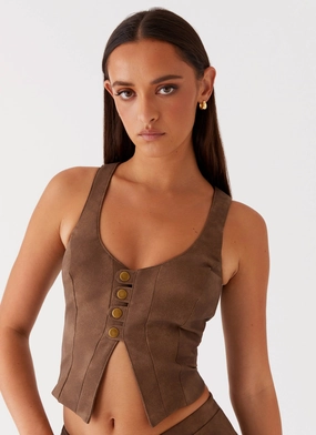 Denim Shirt West District PU Top - Brown