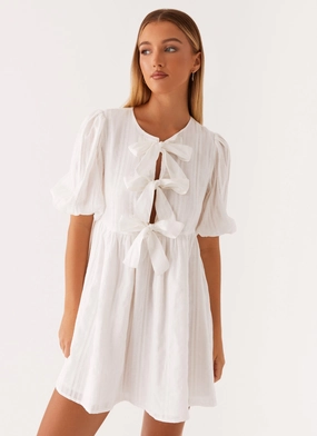 Western Wind Tie Mini Dress - White Breathable Style