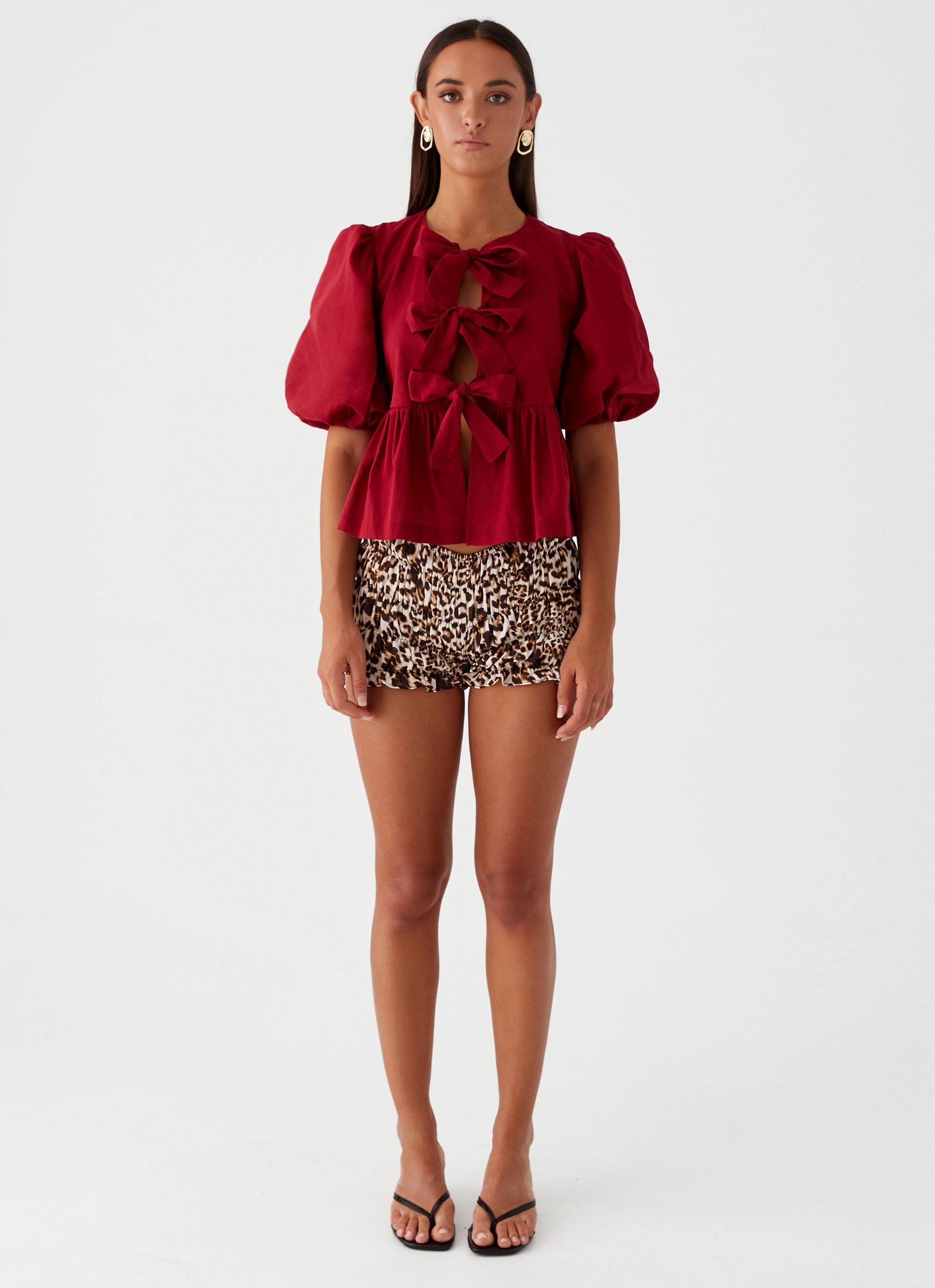 Adjustable Hem Cuff Western Wind Tie Top - Maroon
