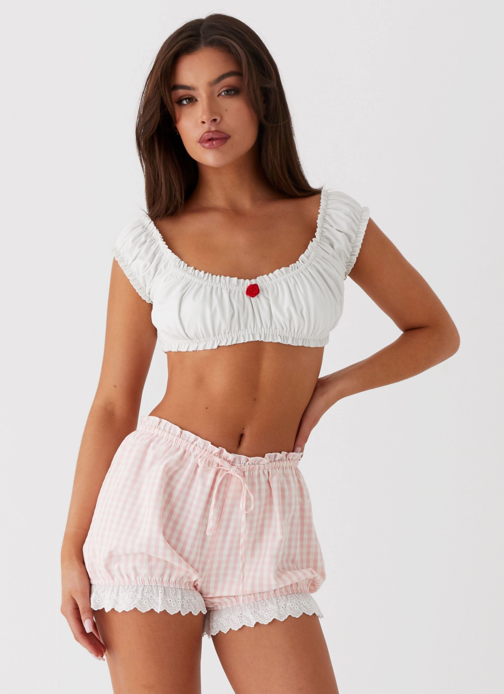 Weston Lace Trim Shorts - Pink Gingham Cooling Fabric