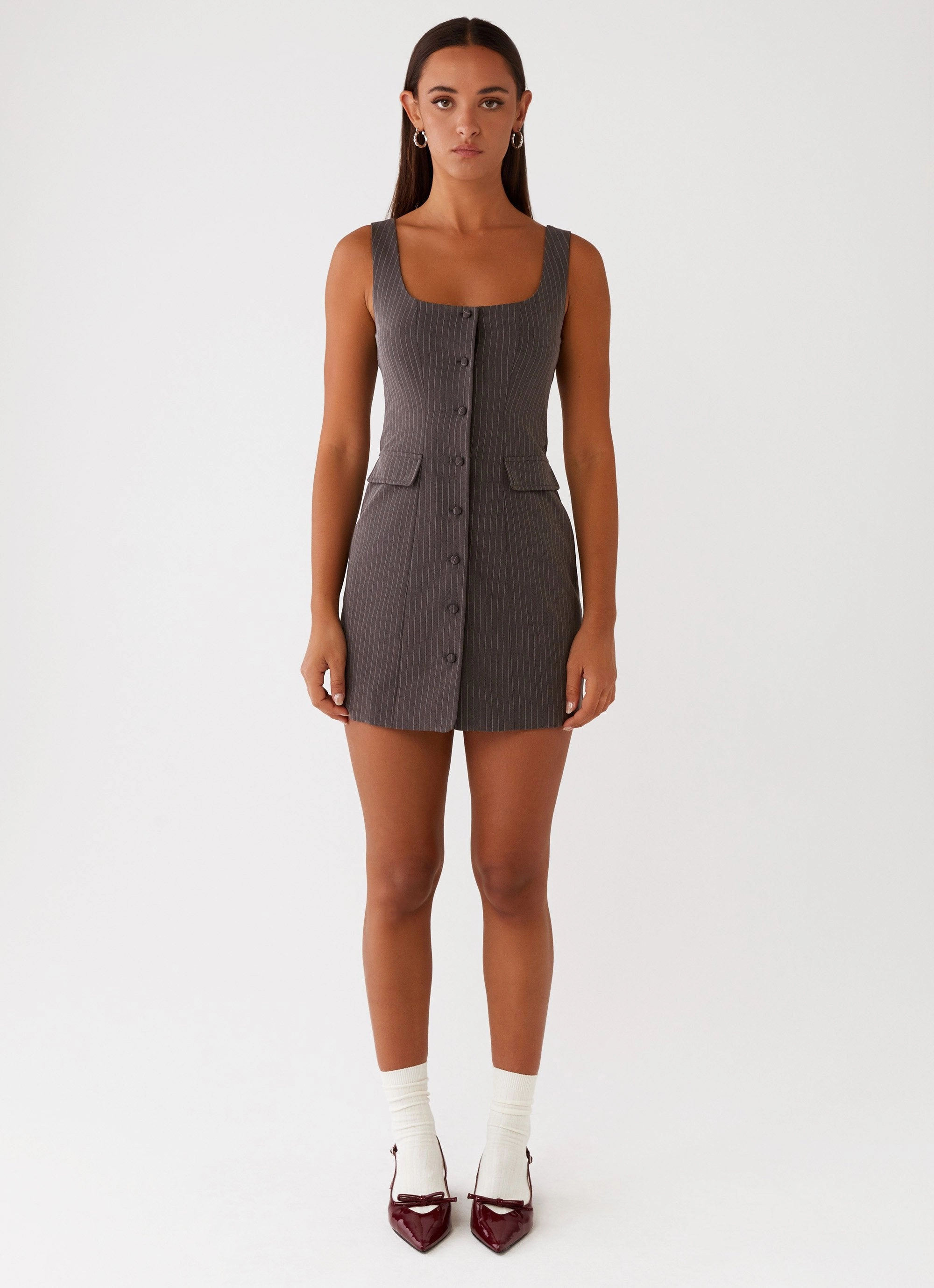 Westwood Mini Dress - Grey Pinstripe Layering Comfort