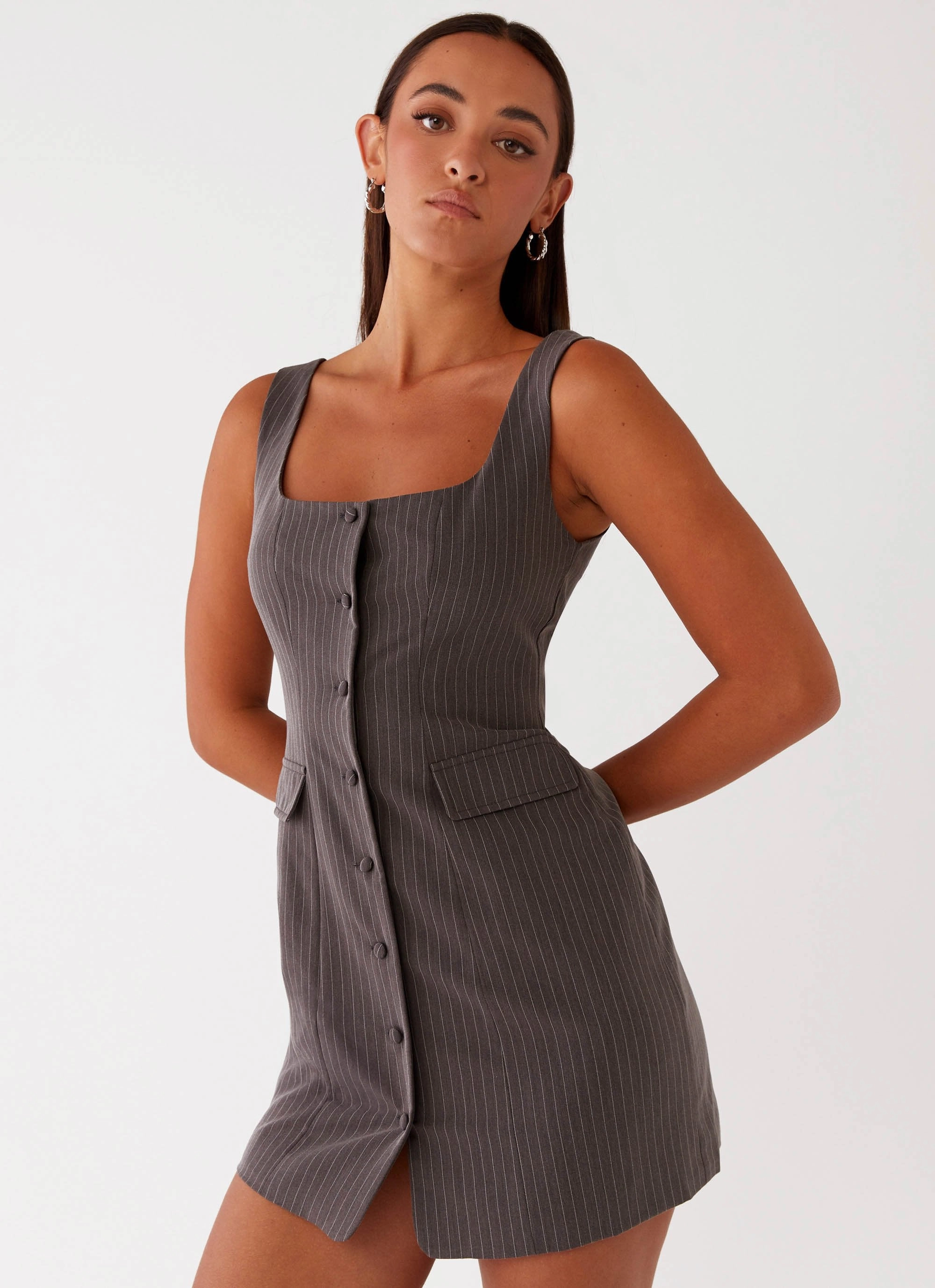 Westwood Mini Dress - Grey Pinstripe Casual and Smart