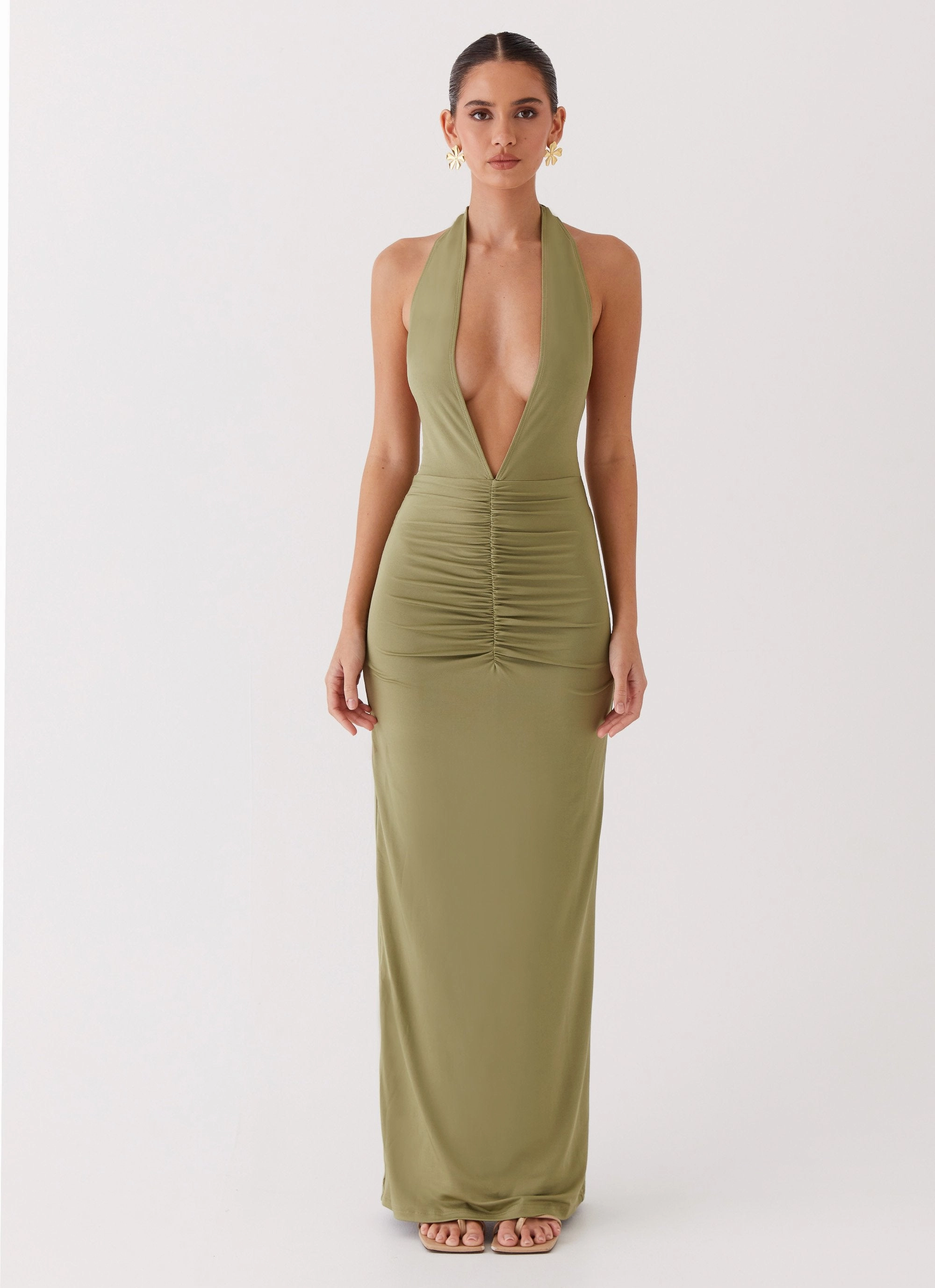 Smooth Outline Whisked Away Halterneck Maxi Dress - Olive