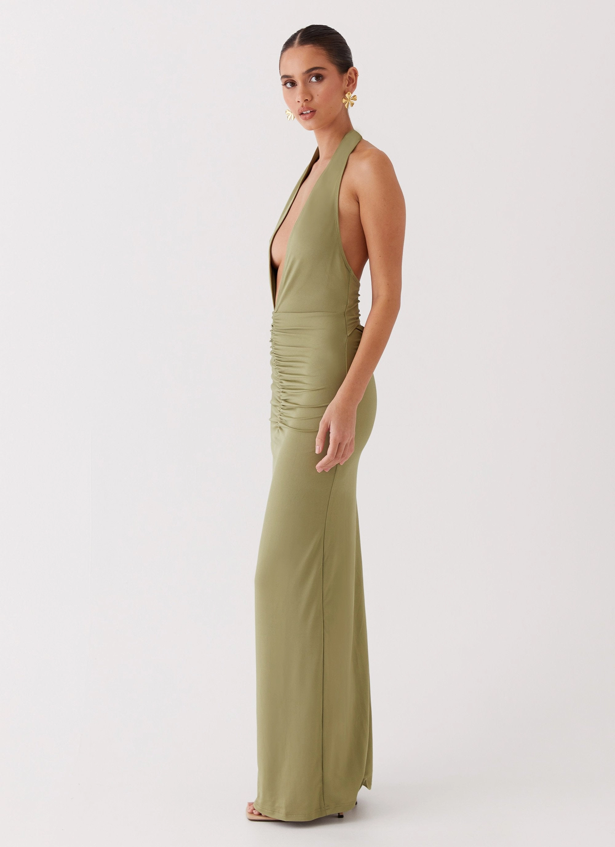 Whisked Away Halterneck Maxi Dress - Olive Pleated-Texture Minimalist Waistband