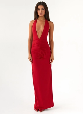 Vintage-Inspired Casual Look Whisked Away Halterneck Maxi Dress - Red