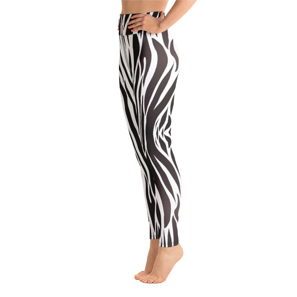 White and black stripe printed high waist leggings with pockets