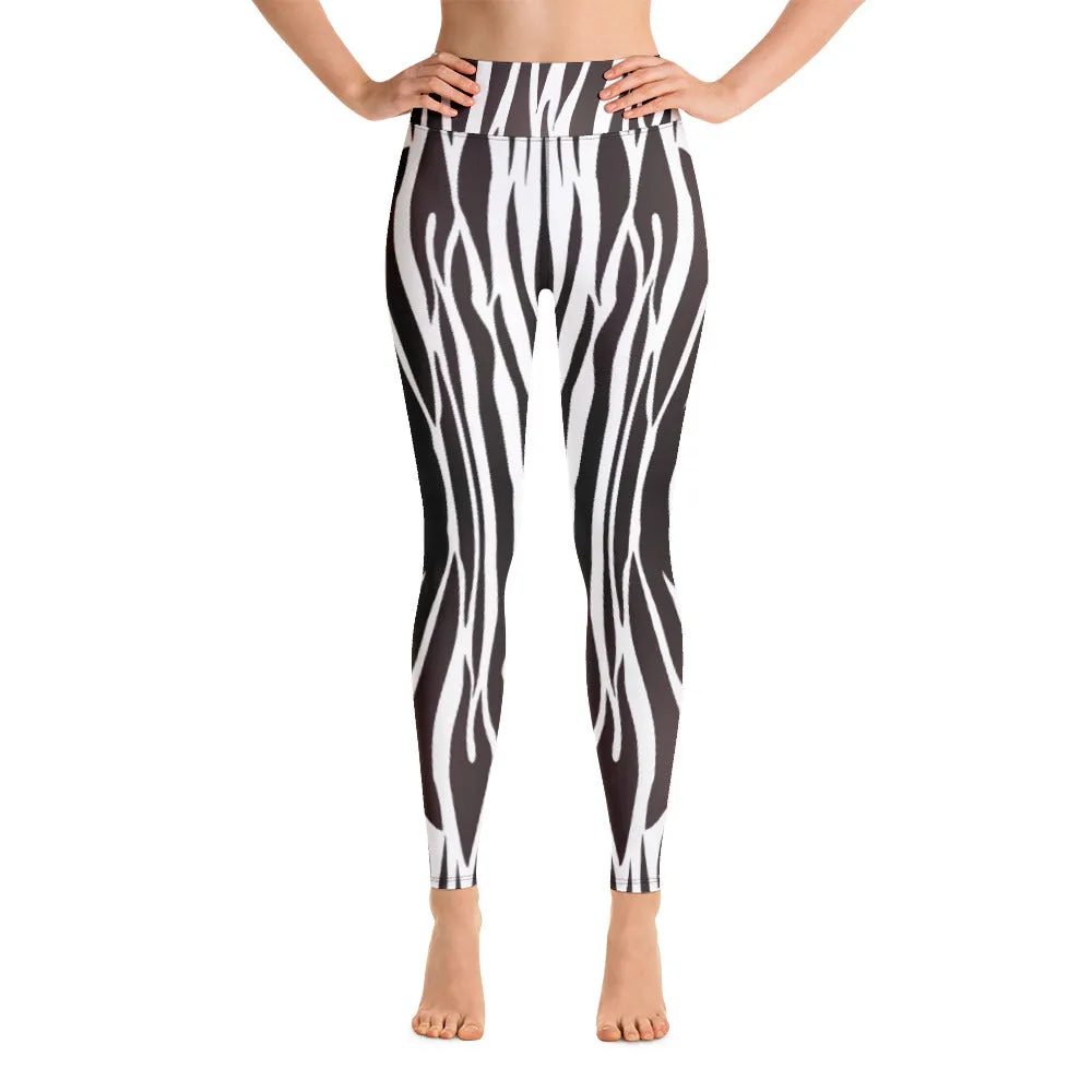 White and black stripe printed high waist leggings with pockets
