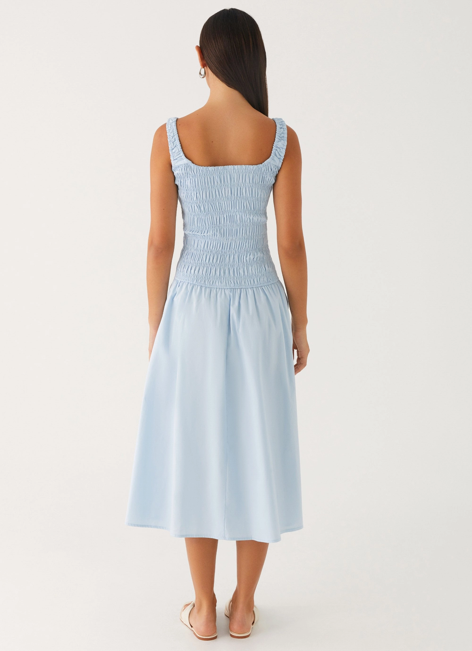Elegant Waist Fit Wildflower Midi Dress - Blue