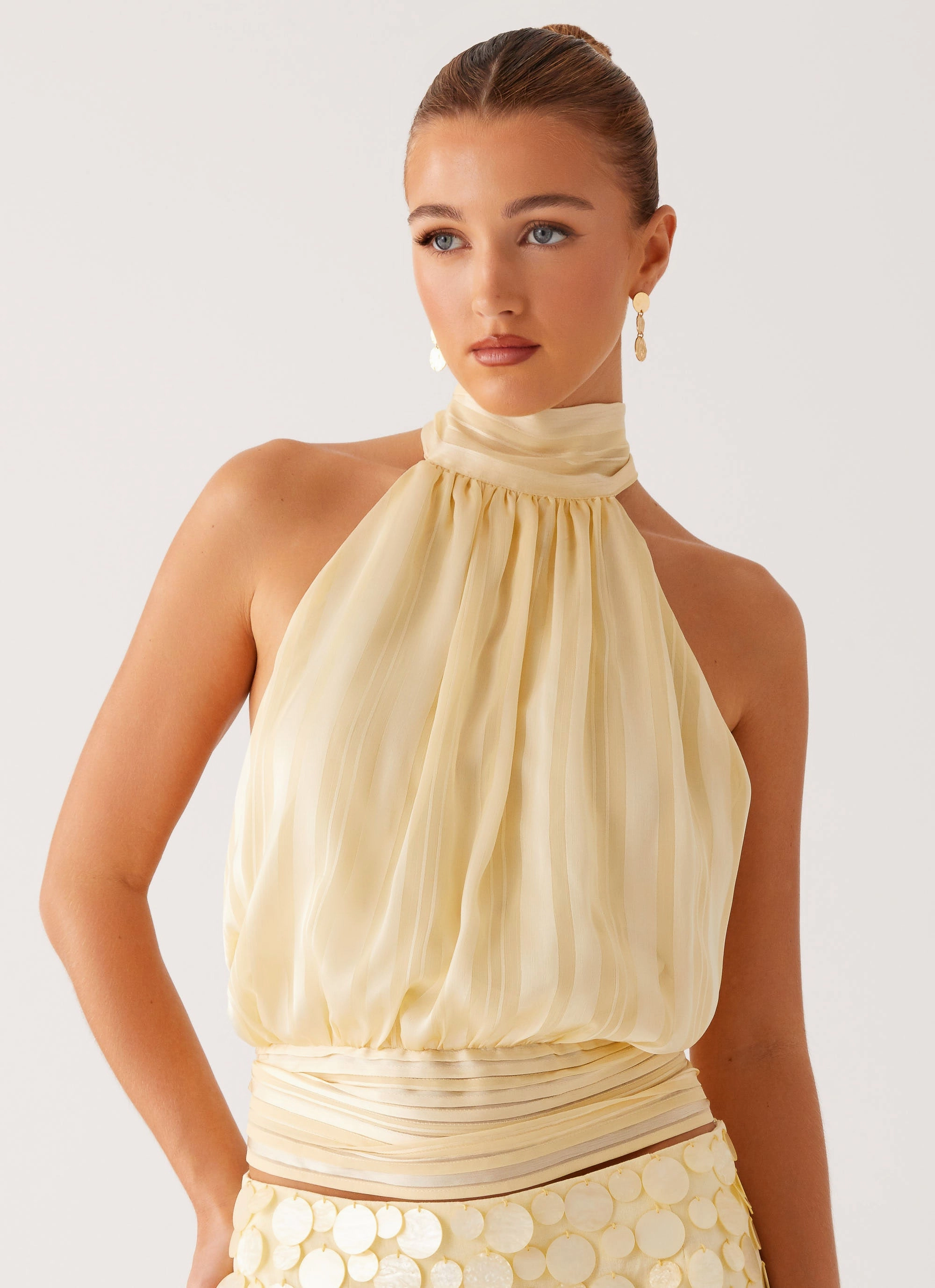 Midweight Four Way Stretch UV Protective Coating Willow Chiffon Top - Yellow