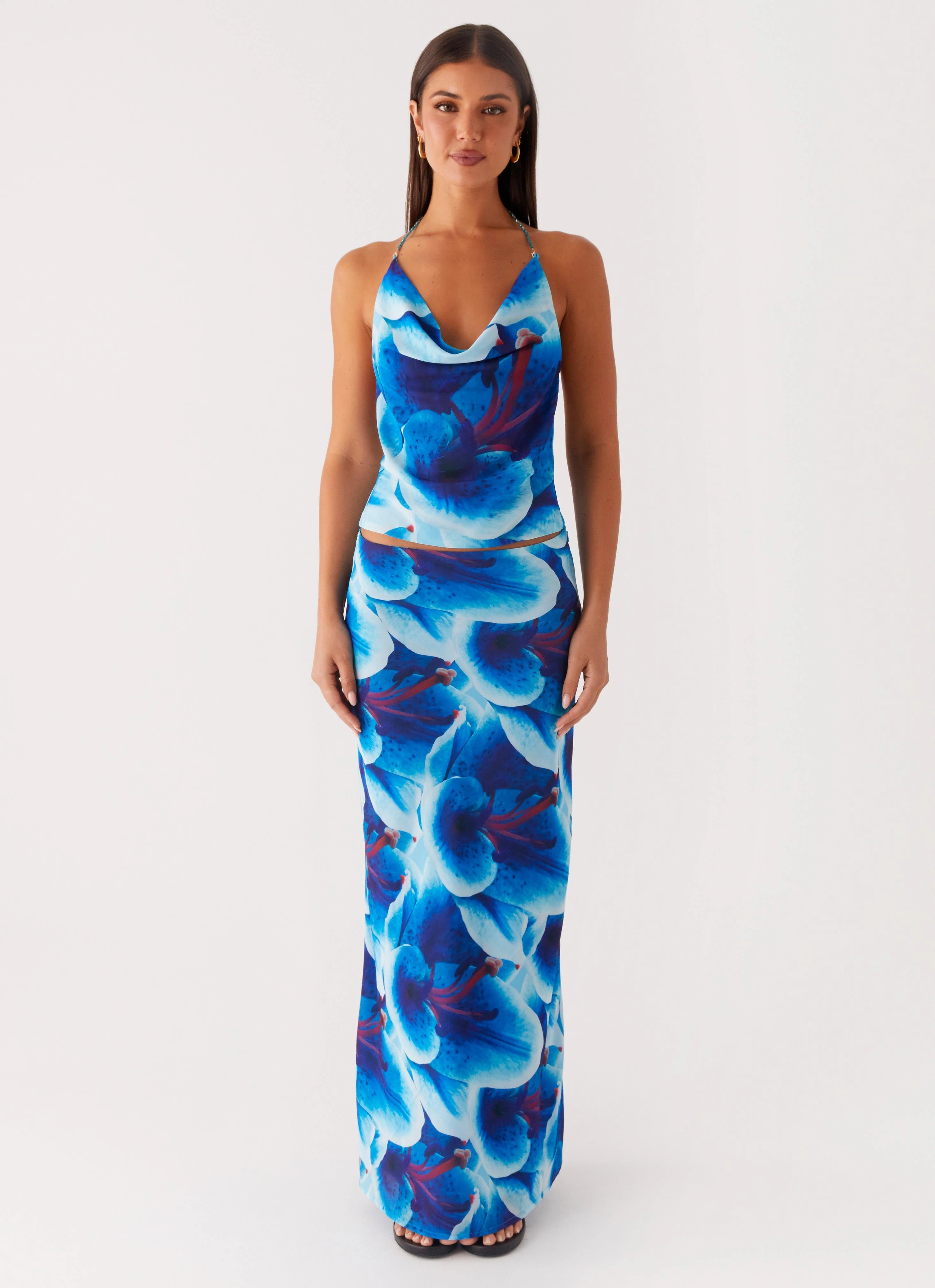 Another Life Chiffon Maxi Skirt - Turquoise Floral Functional Layers