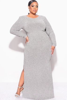 Eco Friendly Material HeatSealed Seams Final Sale Plus Size Gown in Silver Foil Fabric with Side Slit