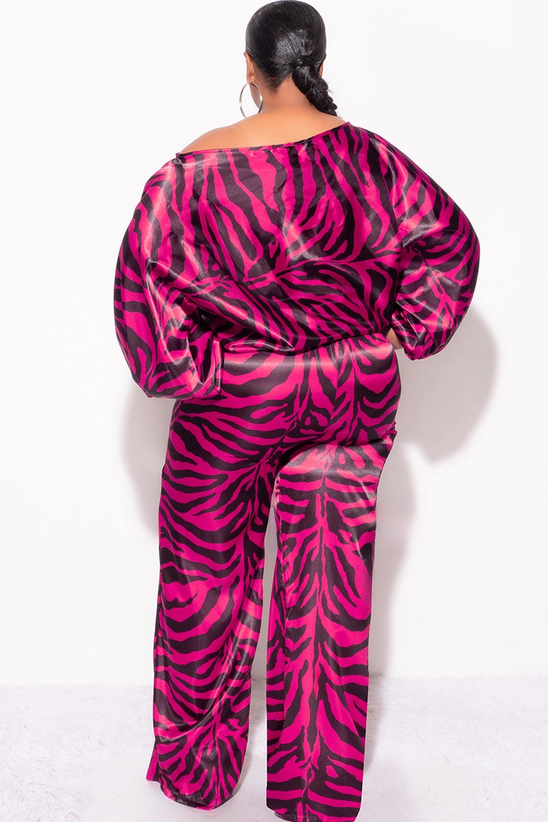 Stretch Motion Final Sale Plus Size 2pc Satin Top and Palazzo Pants Set in Fuchsia and Black Zebra Print