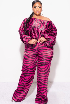 ComfortWaistband Quick Motion Final Sale Plus Size 2pc Satin Top and Palazzo Pants Set in Fuchsia and Black Zebra Print