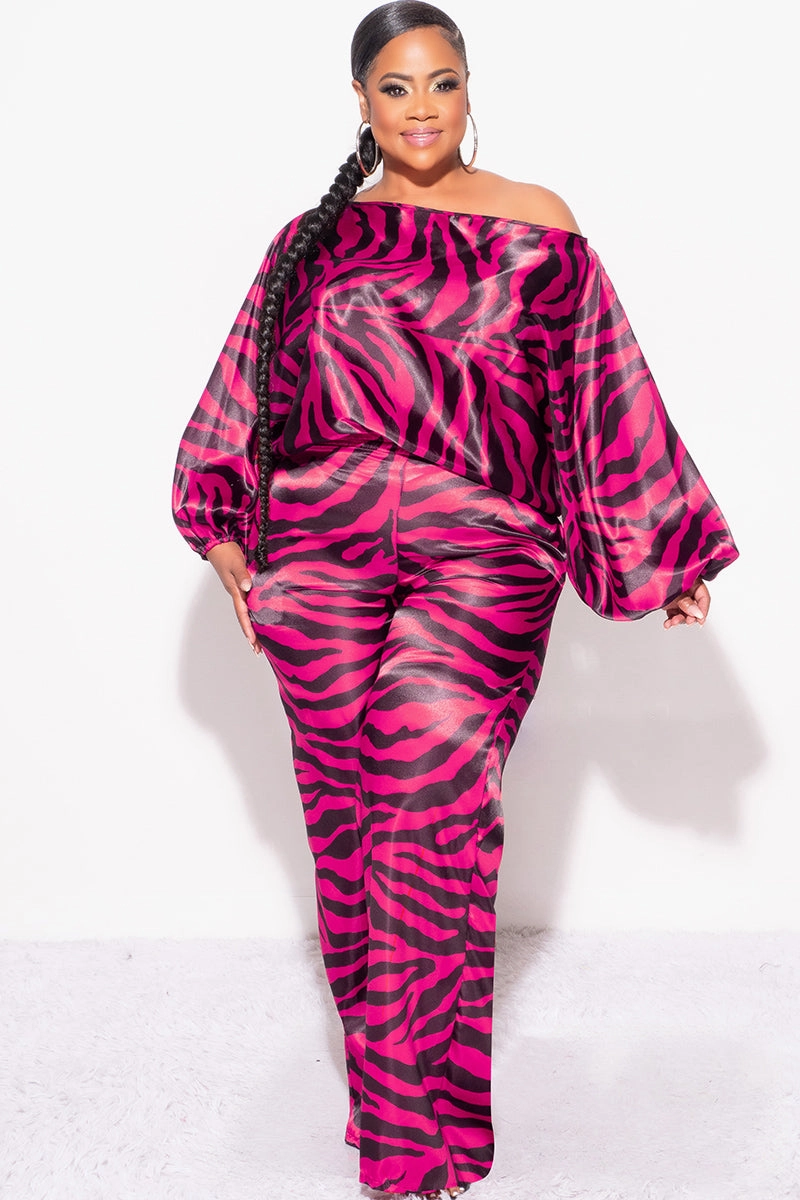 Final Sale Plus Size 2pc Satin Top and Palazzo Pants Set in Fuchsia and Black Zebra Print Timeless Layers Sport Ready
