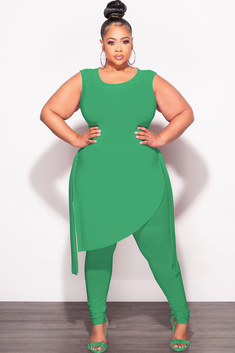 Final Sale Plus Size 2pc Sleeveless Top and Pants Set in Green Durable Hemming