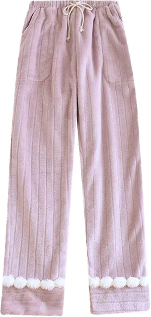 Winter Fleece Sherpa Lined Pajama Pants for Women Warm Coral Fleece Sleepwear Drawstring Lounge Wide Leg Trousers