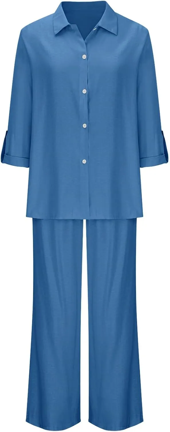 Women 2 Piece Linen Sets 2025 Button Down Shirt and Wide Leg Trousers Loose Fit Dressy Summer Lounge Outfits Plus Size