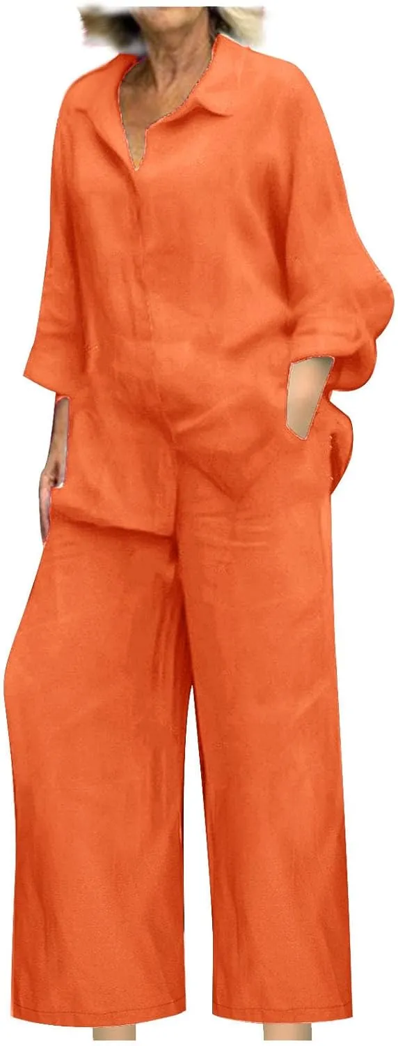 Women 2 Piece Linen Sets 2025 Button Down Shirt and Wide Leg Trousers Loose Fit Dressy Summer Lounge Outfits Plus Size